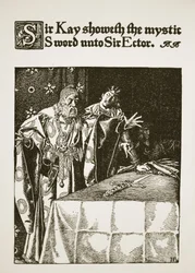 ケイ卿は神秘的な剣をエクター卿に見せます、「アーサー王と彼の騎士の物語」、1903年のイラスト